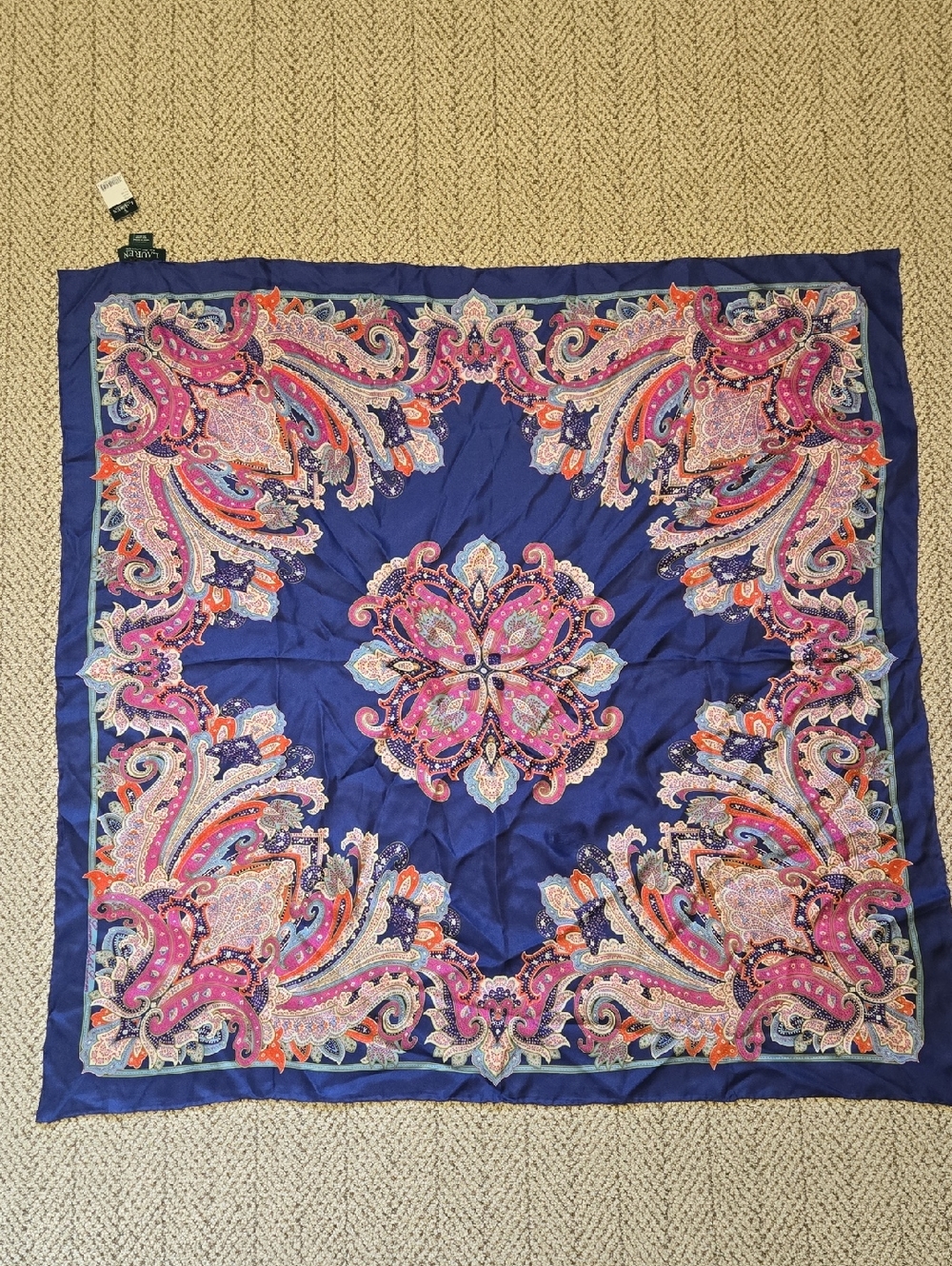NWT Ralph Lauren Navy Paisley 100% Silk Square Scarf 36x36